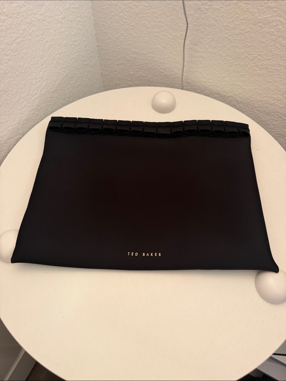 Ted Baker Black Satin Fold-Over Clutch with Pleated Trim